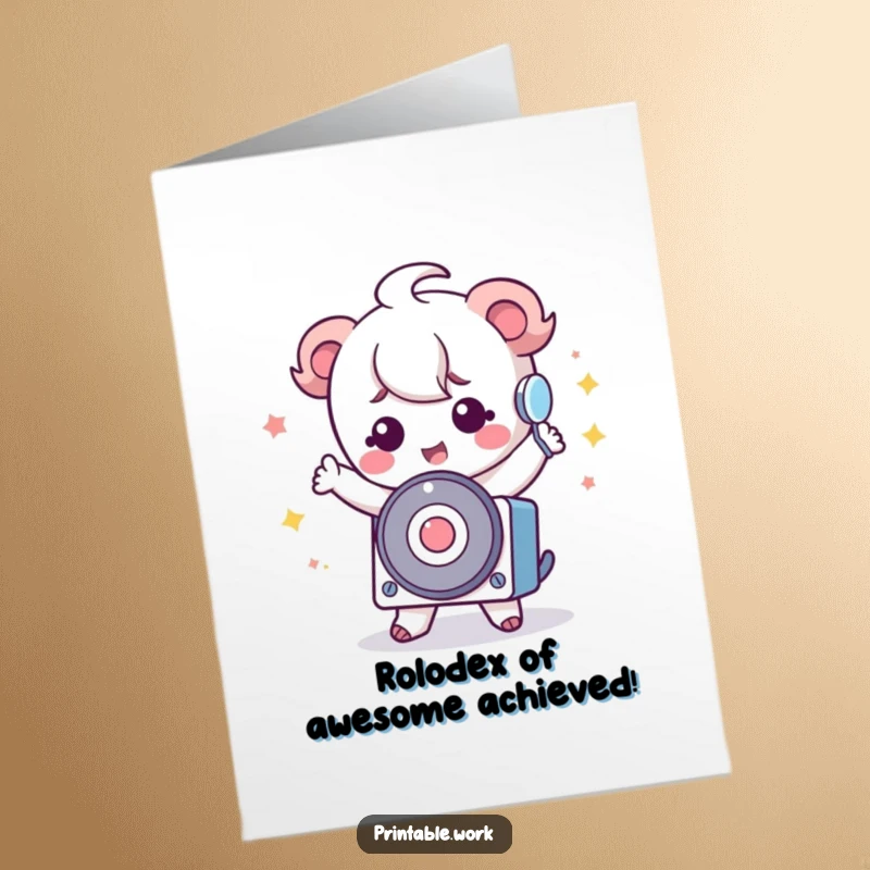 Funny Free Printable Congratulations Card: Kawaii character doing a silly dance with a rolodex, celebrating with joy.