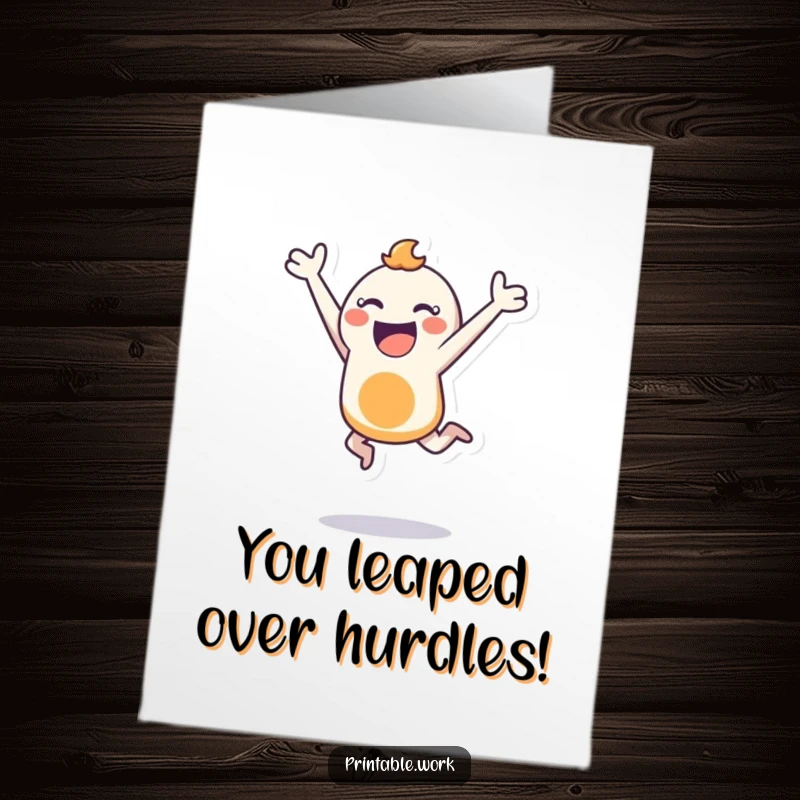 Funny Free Printable Congratulations Card: Bouncing character executes a joyful leap, holding a stencil aloft.