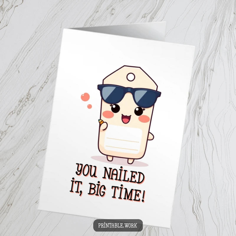 Funny free printable congratulations card showing a paper tag character with a happy sigh offering a pencil for congratulations.