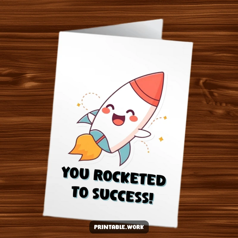 Funny Free Printable Congratulations Card: Giggling paper rocket with flames celebrates a successful launch.