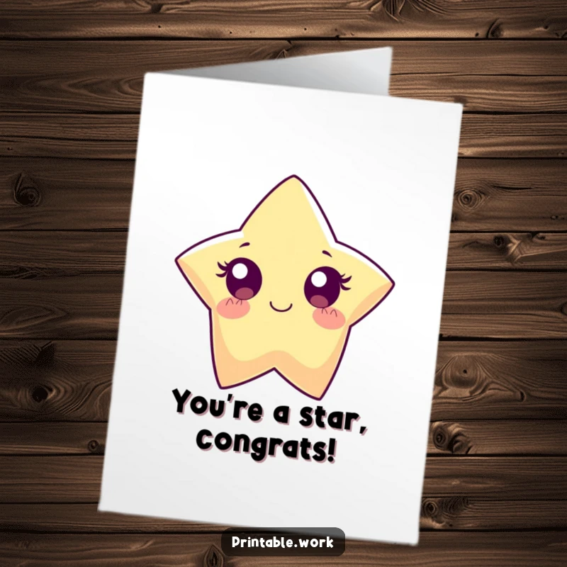 Funny free printable congratulations card showing a paper star character with wide, sparkling eyes celebrating success.