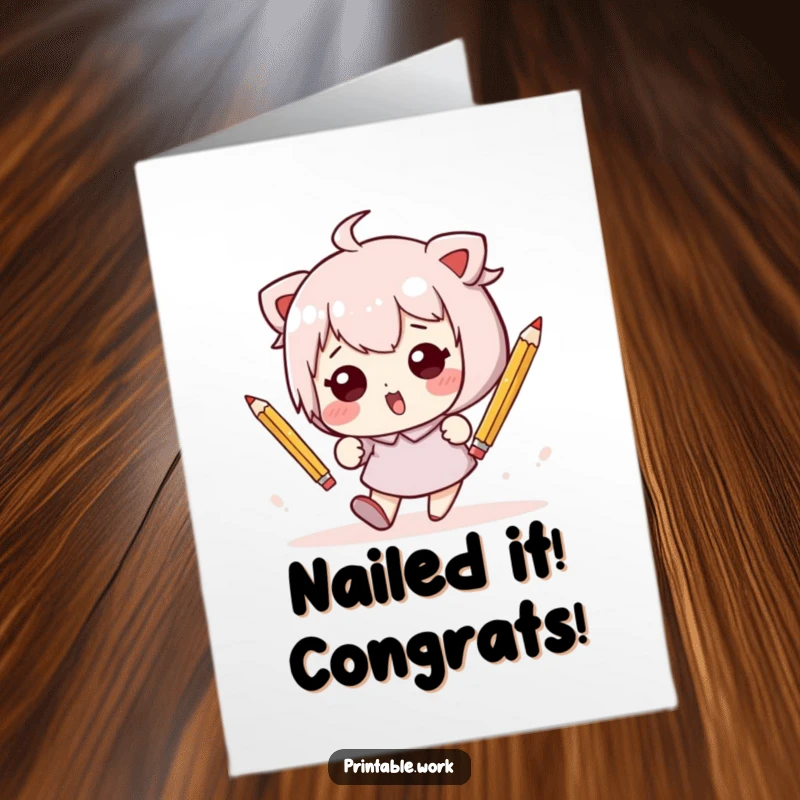 Funny Free Printable Congrats Card: Kawaii character hilariously tumbling with pencils, celebrating a hard-earned success with joyful abandon.