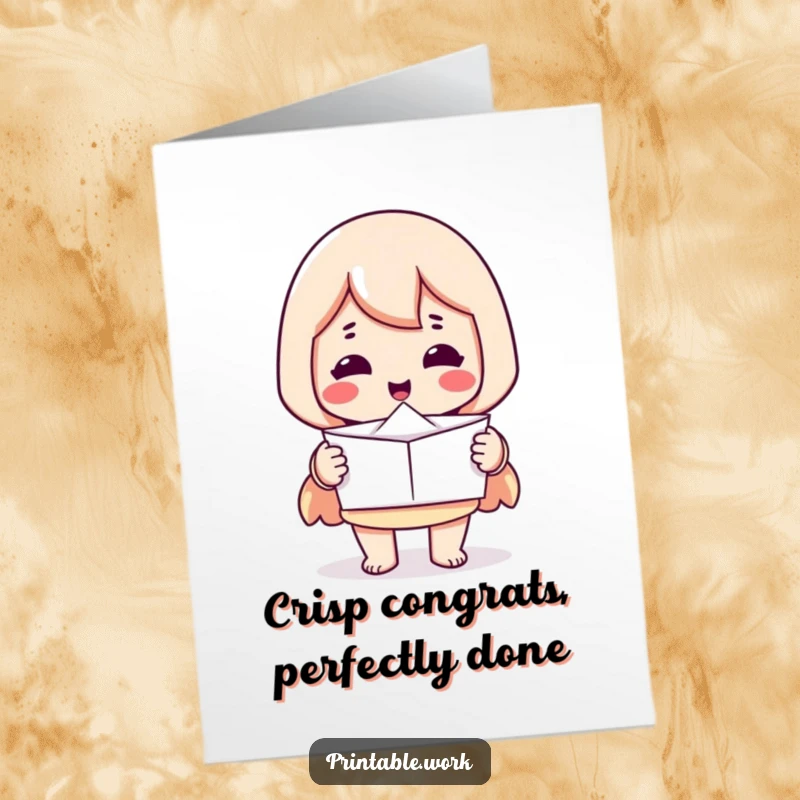 Funny free printable congratulations card where a printer character presents perfectly folded paper, celebrating achievement with precision and flair.