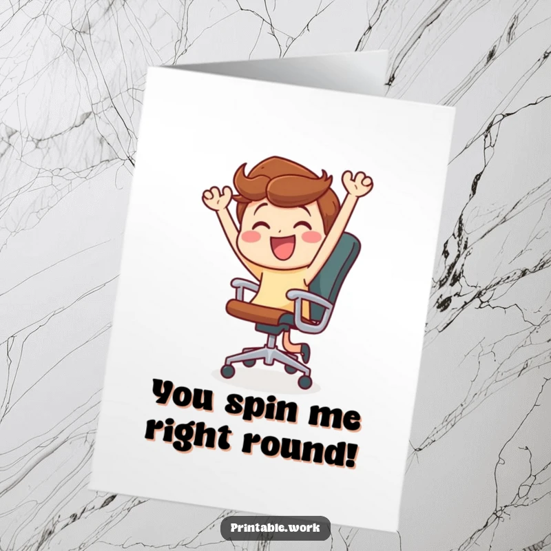 Funny Free Printable Congrats Card: Character joyfully dancing with rolling office chair, humorous celebration