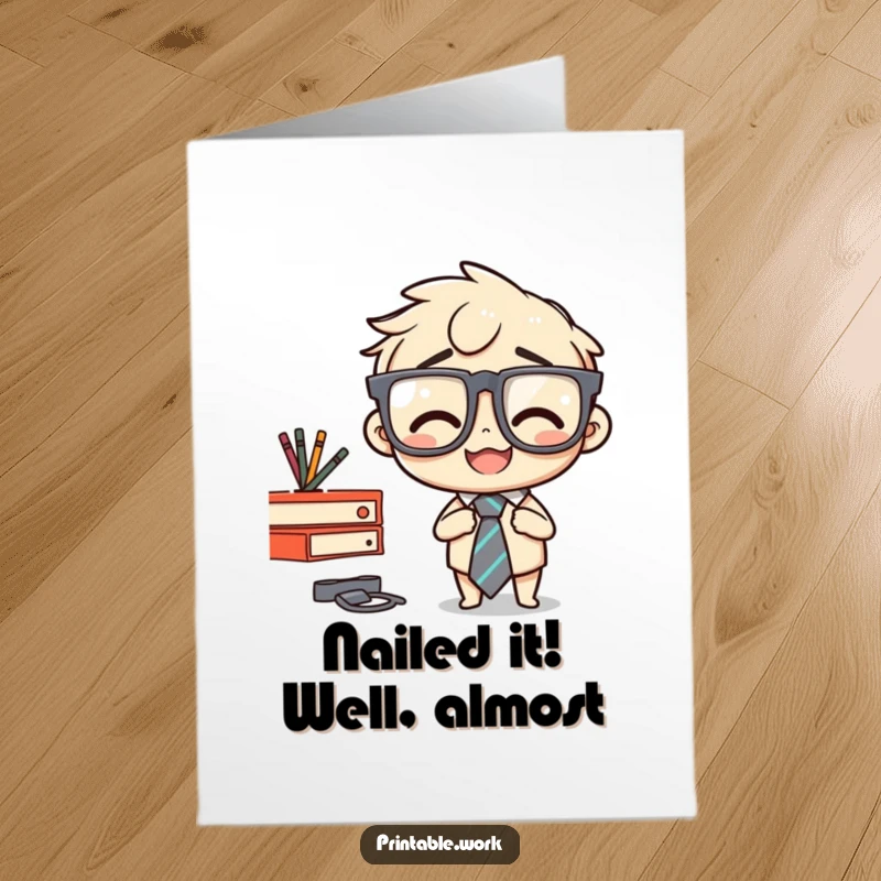 Funny Free Printable Congrats Card: Character stapling own tie to desk, office humor for congratulations