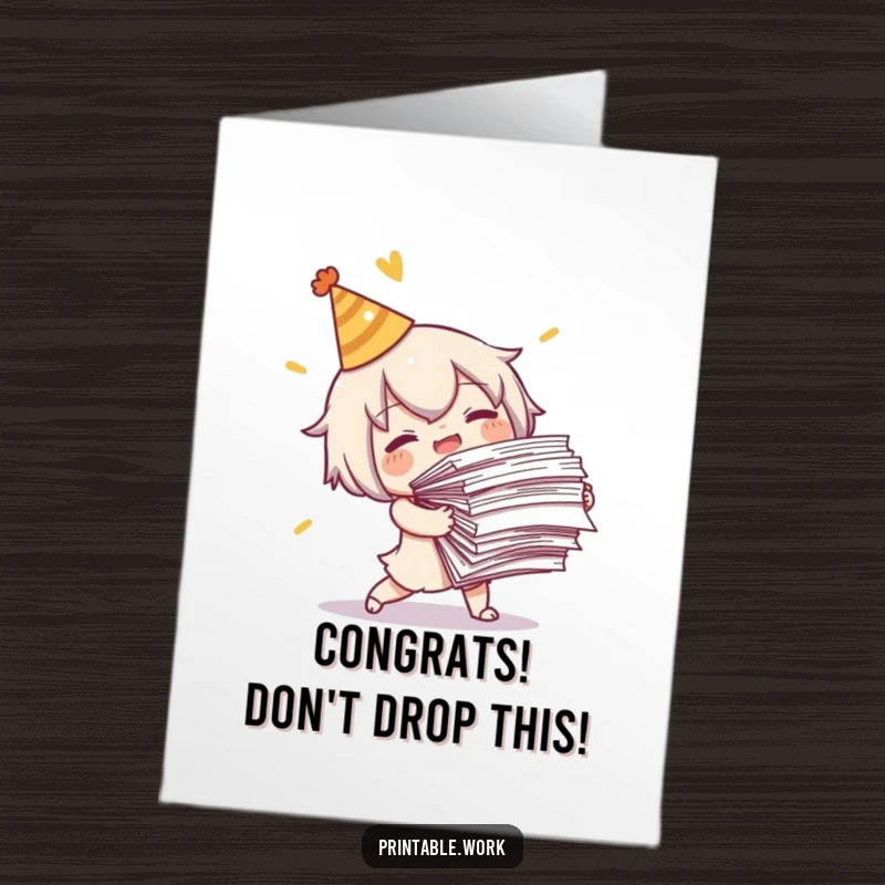 Funny Free Printable Congratulations Card: Character tripping with papers, humorously celebrating a milestone or success.