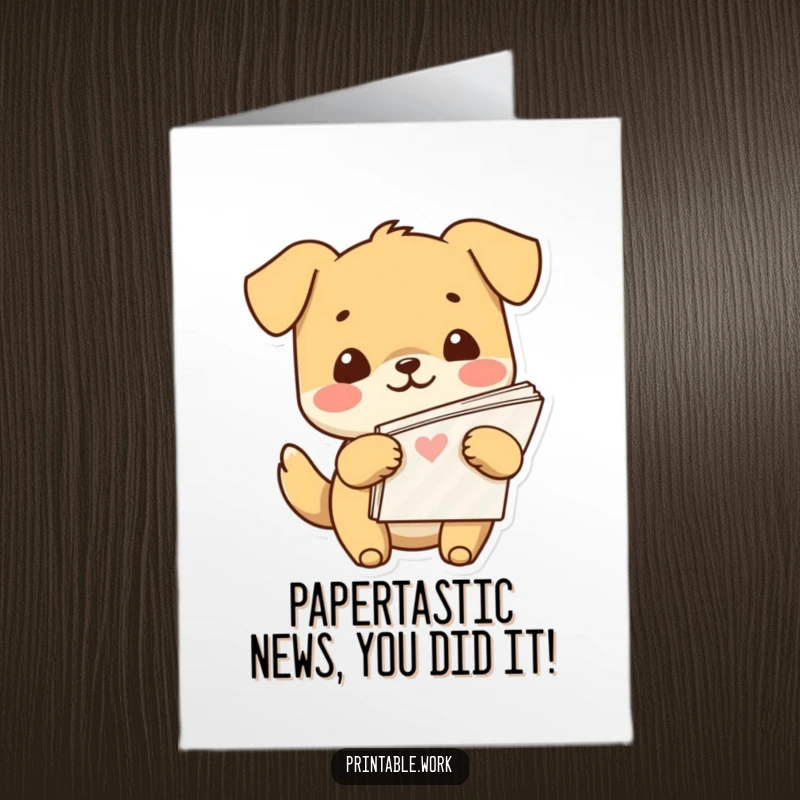 Funny Free Printable Congrats Card: A joyfully beaming kawaii dog holds a large stack of patterned paper, celebrating success with enthusiasm.