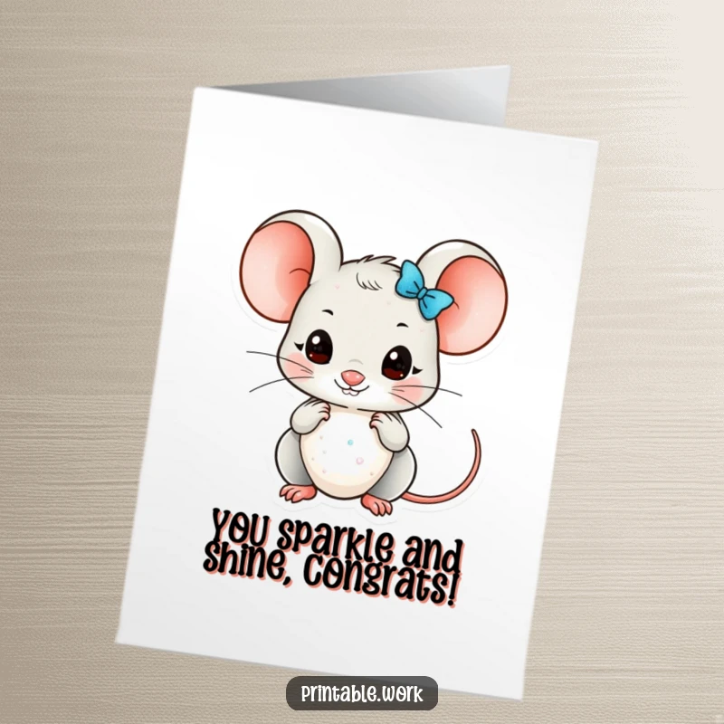 Funny Free Printable Congrats Card: A kawaii mouse meticulously places tiny glittery embellishments, celebrating success with precision and shine.