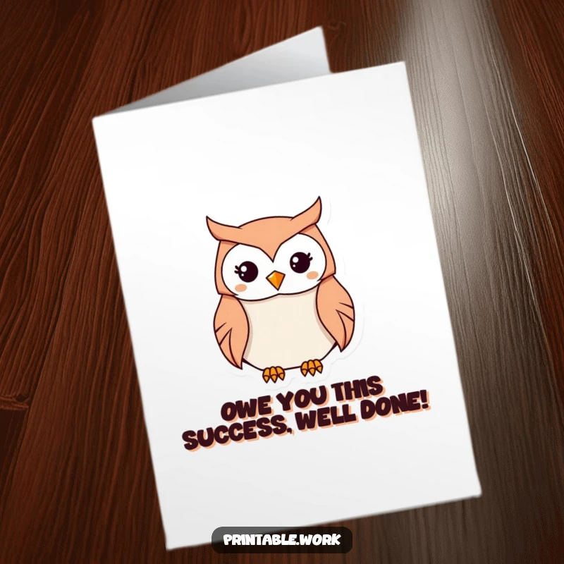 Funny Free Printable Congratulations Card: Kawaii Owl carefully folding intricate origami, demonstrating skill. DIY art.