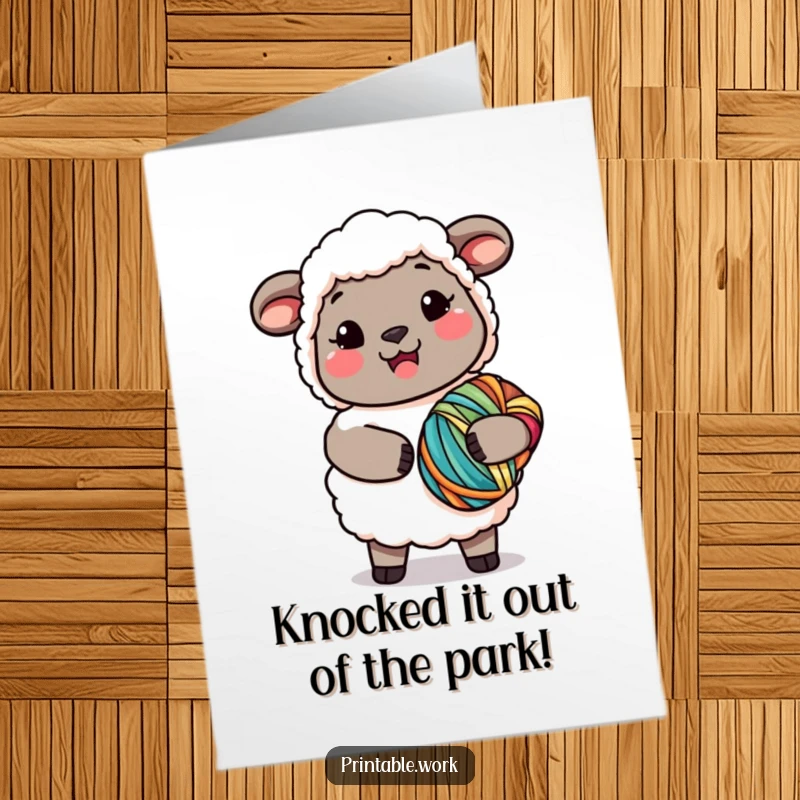 Funny Free Printable Congratulations Card: Kawaii Sheep joyfully holds a big bundle of colorful yarn. DIY art.