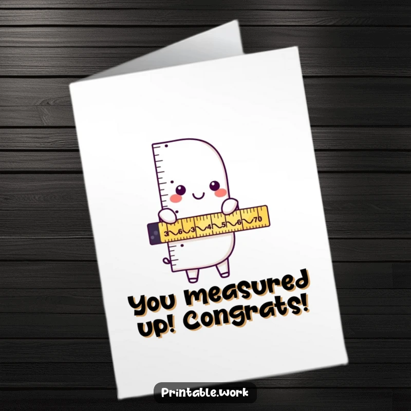 Funny Free Printable Congratulations Card: A playful ruler character measures a funny zigzag, celebrating a unique achievement.