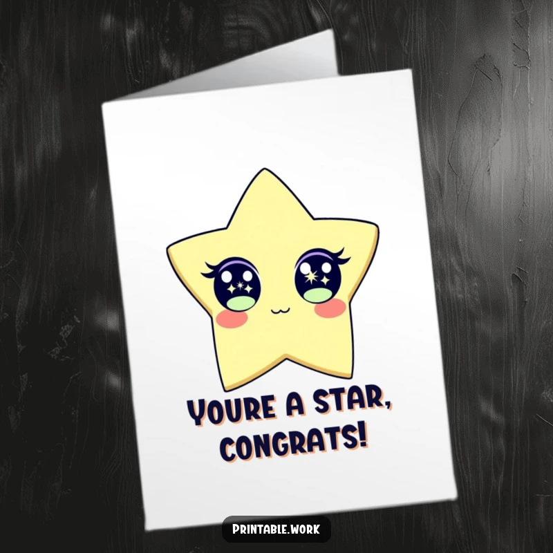 Funny Free Printable Congratulations Card: A wide-eyed paper star character sparkling brightly, celebrating an achievement with downloadable cheer.