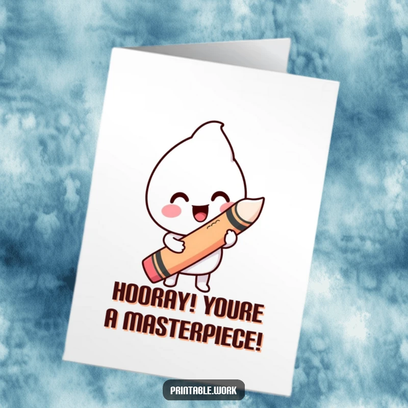 Funny Free Printable Congrats Card: A happy Kawaii character draws a humorous wiggly line with a giant crayon, celebrating success.