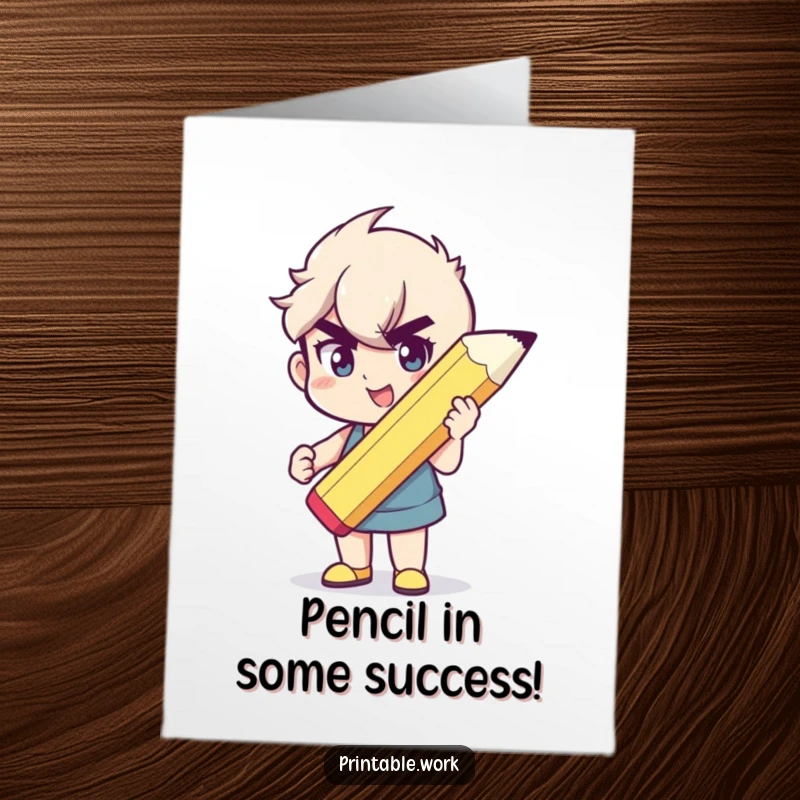 Funny Free Printable Congratulations Card: Character holding a giant pencil, looking determined and happy about achieving a significant goal.