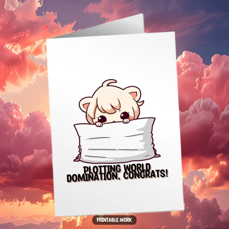 Funny Free Printable Congrats Card: Mischievous Kawaii character peeking from behind a pile of paper, celebrating a success secretly.