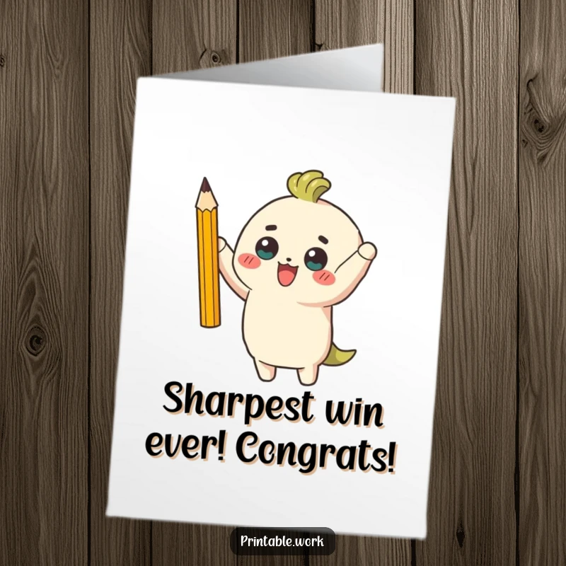 Funny Free Printable Congratulations Card: Character beams with pride, holding high a single, perfectly sharpened pencil in celebration of success.
