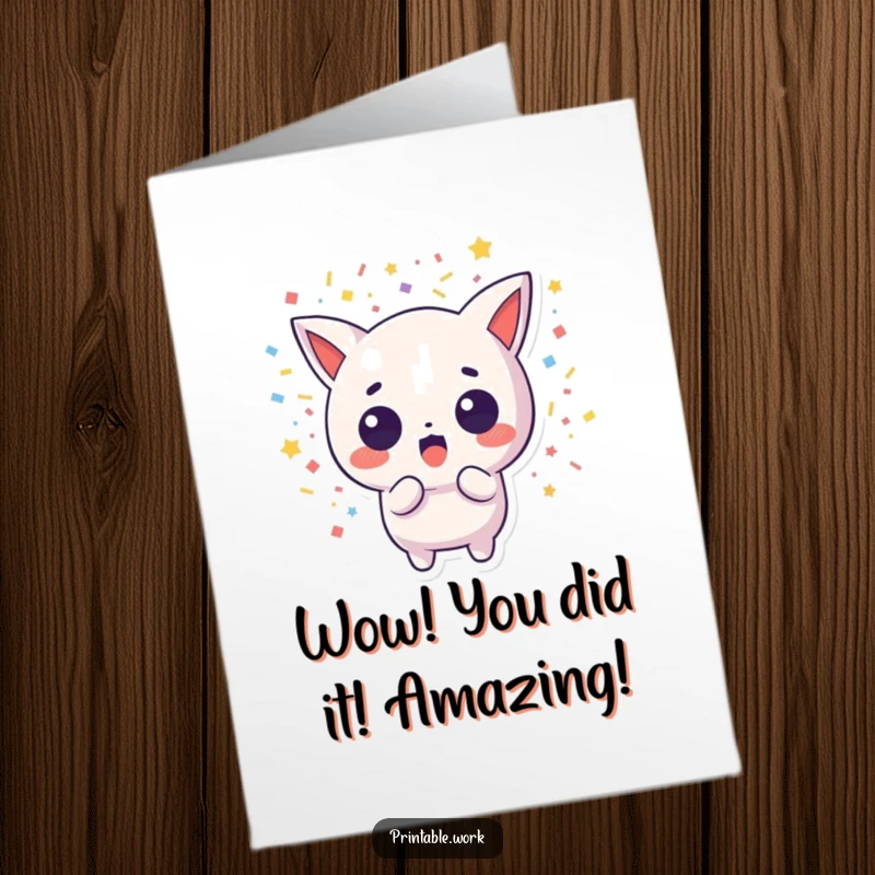 Funny Free Printable Congrats Card: A startled Kawaii character gets showered with confetti, perfect for humorous congratulations.
