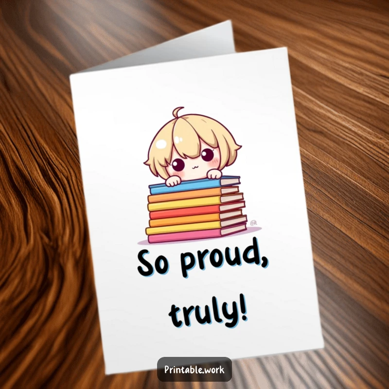 Funny Free Printable Congratulations Card: Shy Kawaii character peeks delightfully from colorful pages, spreading cheer.