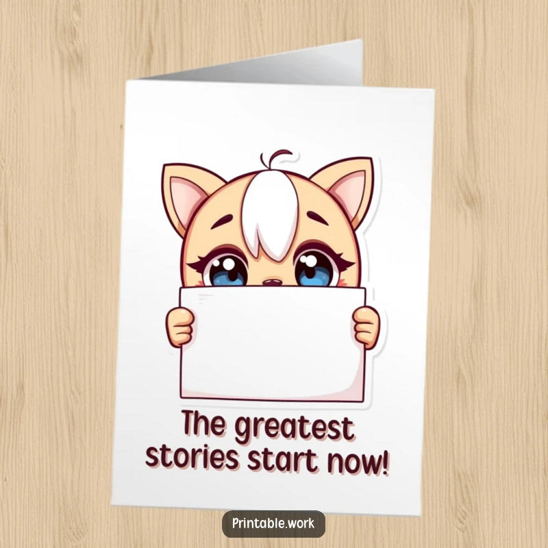 Funny Free Printable Congratulations Card: Curious character looks with wide, excited eyes at a blank page, ready for anything.