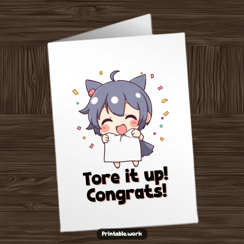 Funny free printable congratulations card showing a character joyfully tearing paper, creating an explosion of confetti to celebrate.