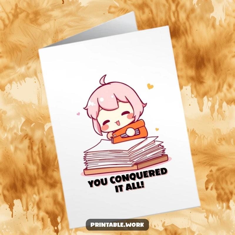 Funny Free Printable Congratulations Card: Office Character struggling with a massive stapling task, a humorous downloadable gift.