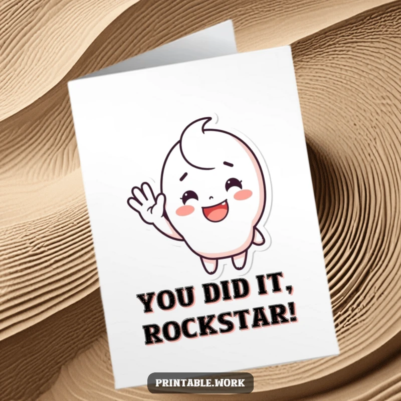 Funny Free Printable Congratulations card with a cute sticker character exuding happiness and enthusiastic waves, perfect for celebrating achievements.