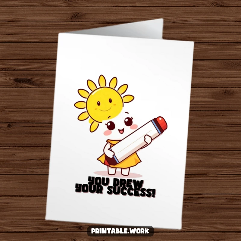 Free printable congratulations card showing a cute character, marker in hand, drawing a big smiling sun for a joyous message.