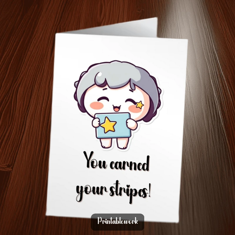 Funny Free Printable Congrats Card: Character with star on cheek holding a stencil, celebrating an accomplishment.