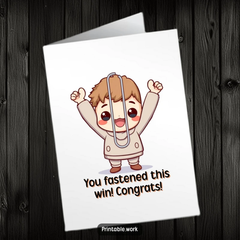 Funny free printable congratulations card depicting a character holding a massive paperclip triumphantly, celebrating a small but significant win.