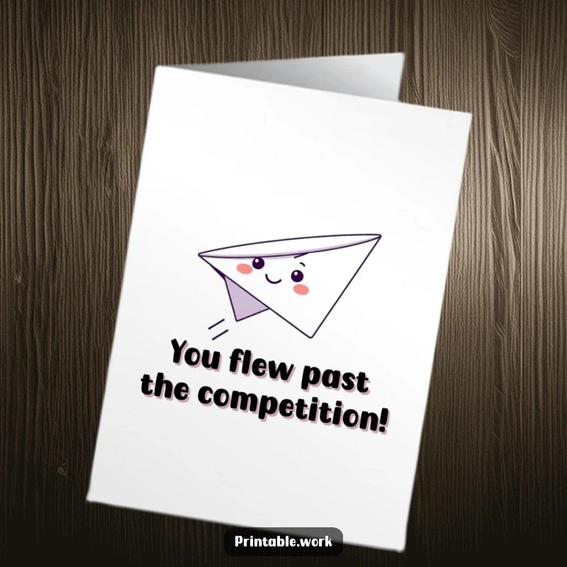 Funny Free Printable Congratulations Card: A smiling paper airplane character soaring high through the air with excitement.