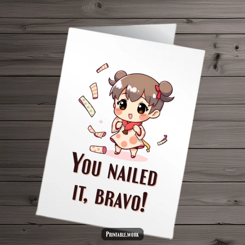 Funny Free Printable Congratulations Card: Character expertly juggling patterned paper rolls, signifying a well-earned accomplishment and skillful execution.