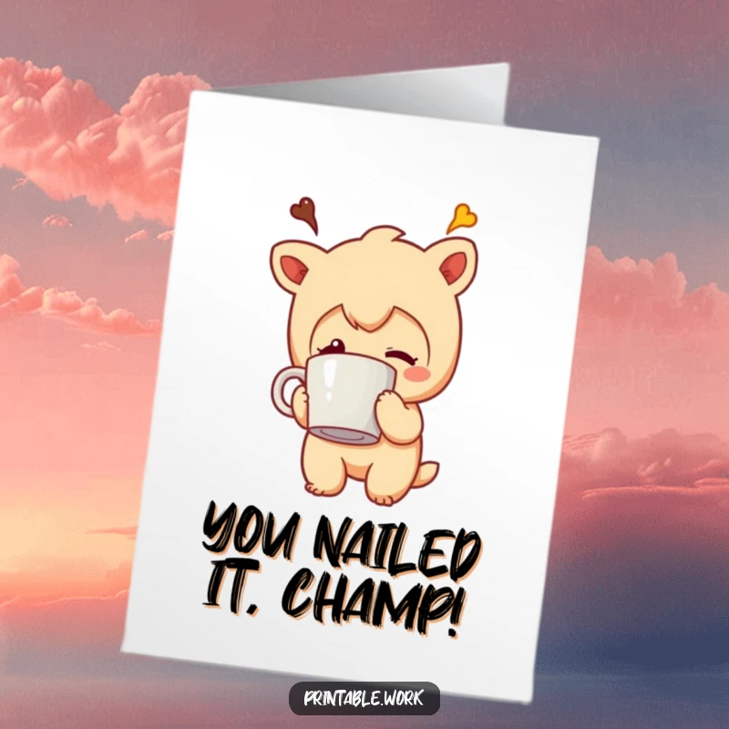 Funny Free Printable Congratulations Card: Coffee Mug Head Character celebrating a win with a slightly confused, sticky situation, a unique downloadable gift.