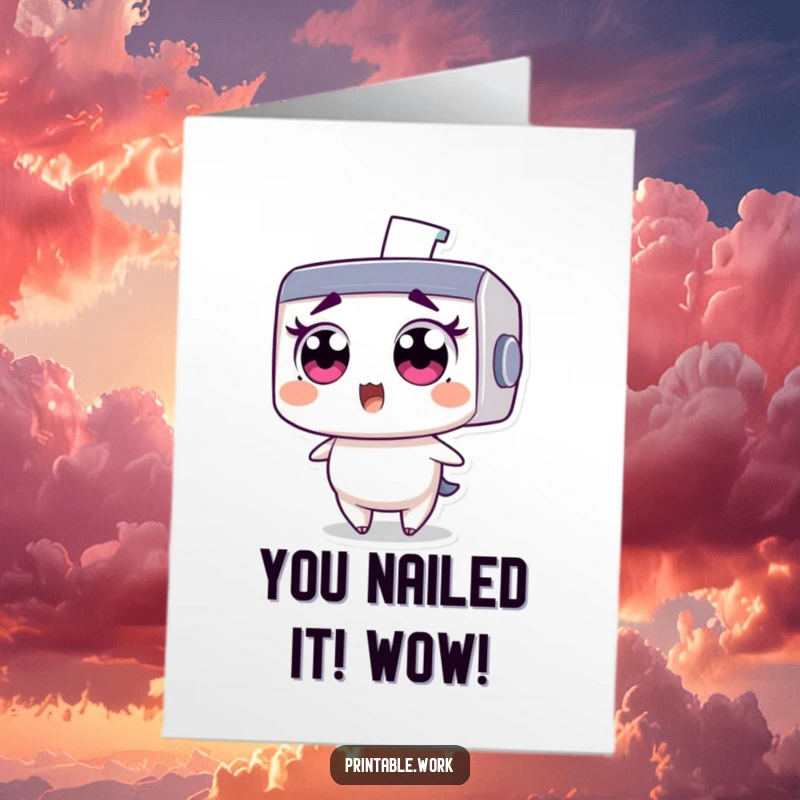 Funny free printable congratulations card depicting a shocked printer facing a flying staple, adding a humorous twist to your well wishes.