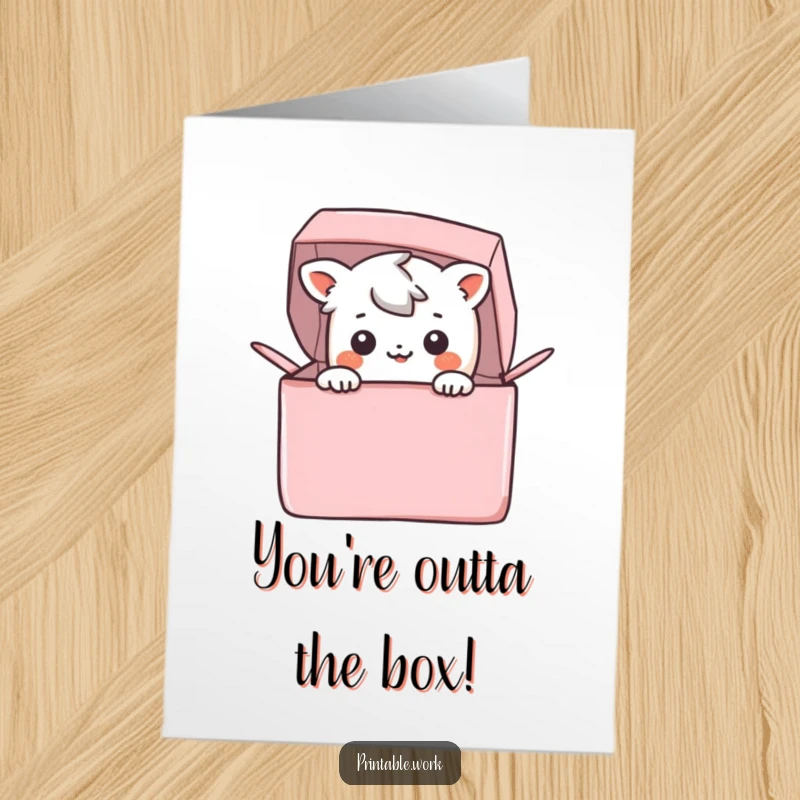 Funny Free Printable Congratulations Card: A happy Kawaii character pops out of a colorful box, radiating excitement for their big win.