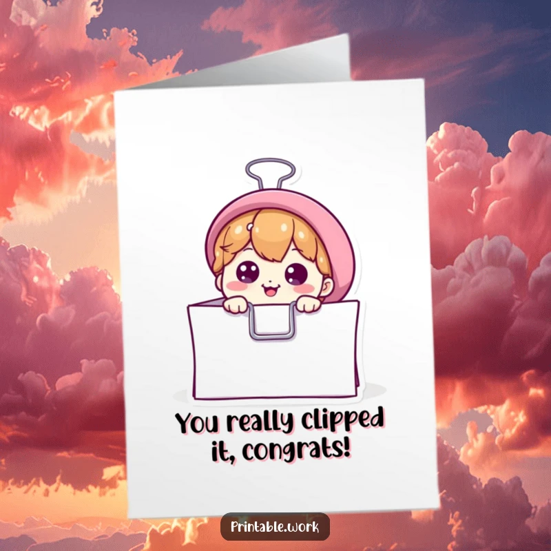 Funny Free Printable Congrats Card: Curious binder clip peeking from paper, symbolizing achievement and witty congratulations for your friend.