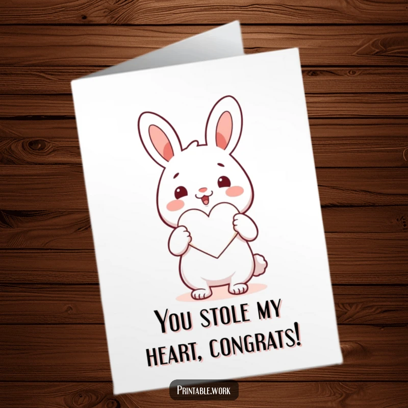 Funny Free Printable Congrats Card: An excited kawaii rabbit joyfully cuts out a heart symbol, celebrating accomplishments with love.