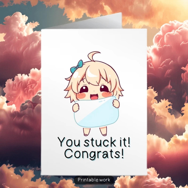 Funny Free Printable Congrats Card: Excited character celebrates with a colossal sticker, spreading cheer.