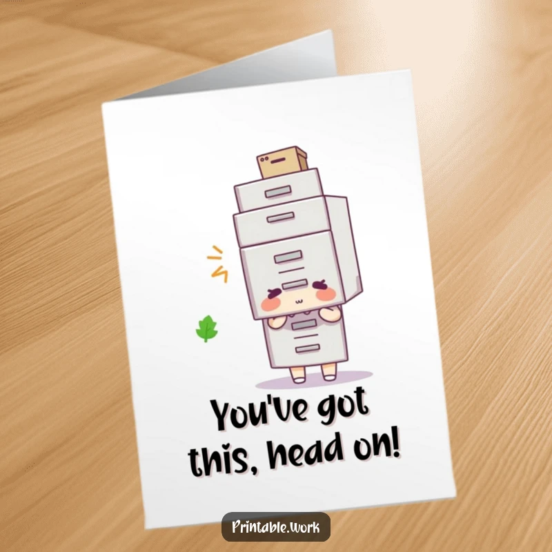 Funny Free Printable Congratulations Card: A character humorously wears a filing cabinet as a hat, celebrating an achievement, downloadable.