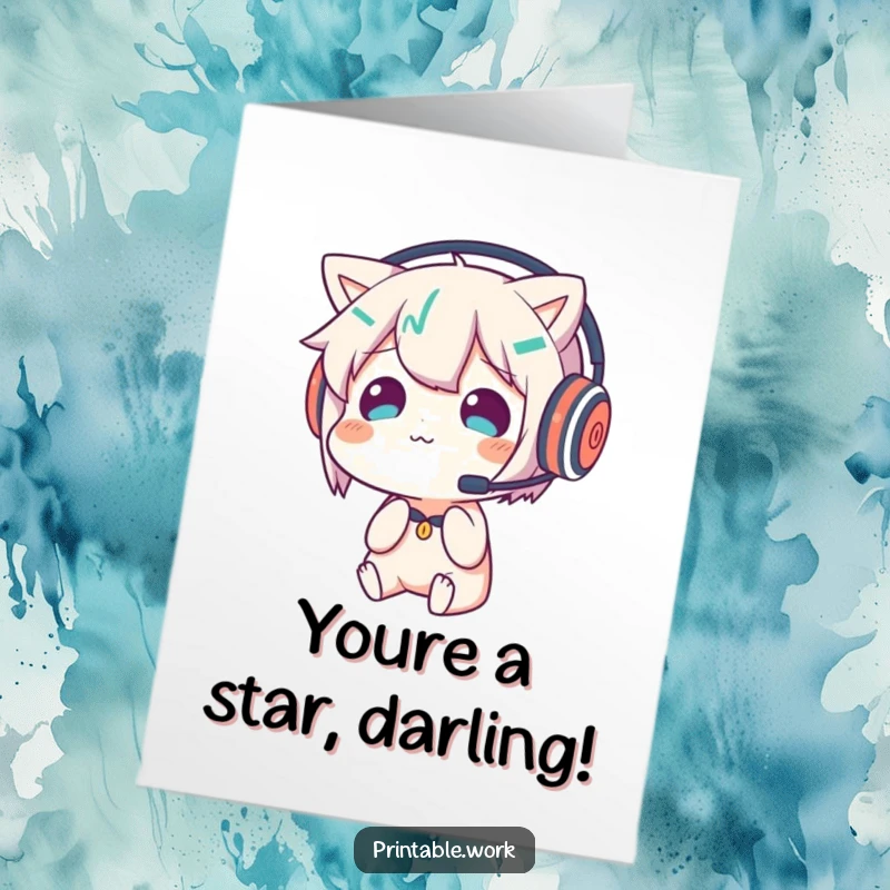 Funny Free Printable Congratulations Card: Headset-wearing character confused by their mirrored image, a humorous downloadable gift.