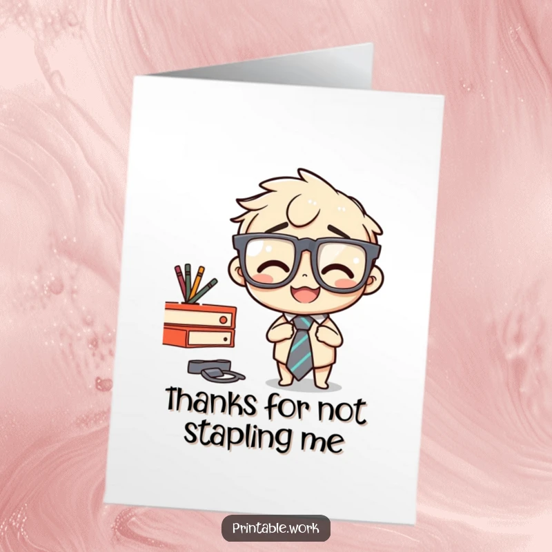 Funny Free Printable Thank You Card: Character stapling tie to desk, office humor for gratitude