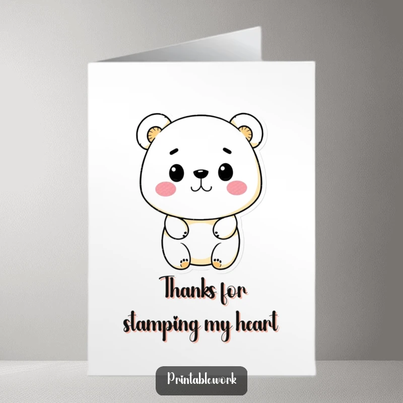 Funny Free Printable Thank You Card: A playful kawaii bear uses ink stamps to create a colorful pattern, conveying heartfelt thanks.