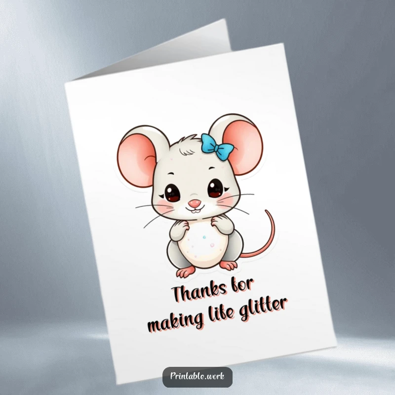 Funny Free Printable Thank You Card: A kawaii mouse carefully arranges small, glittery embellishments, creating a dazzling expression of thanks.