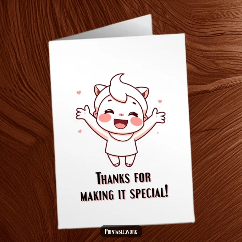 Funny Free Printable Thank You Card: A cute character happily decorates a thank you note.