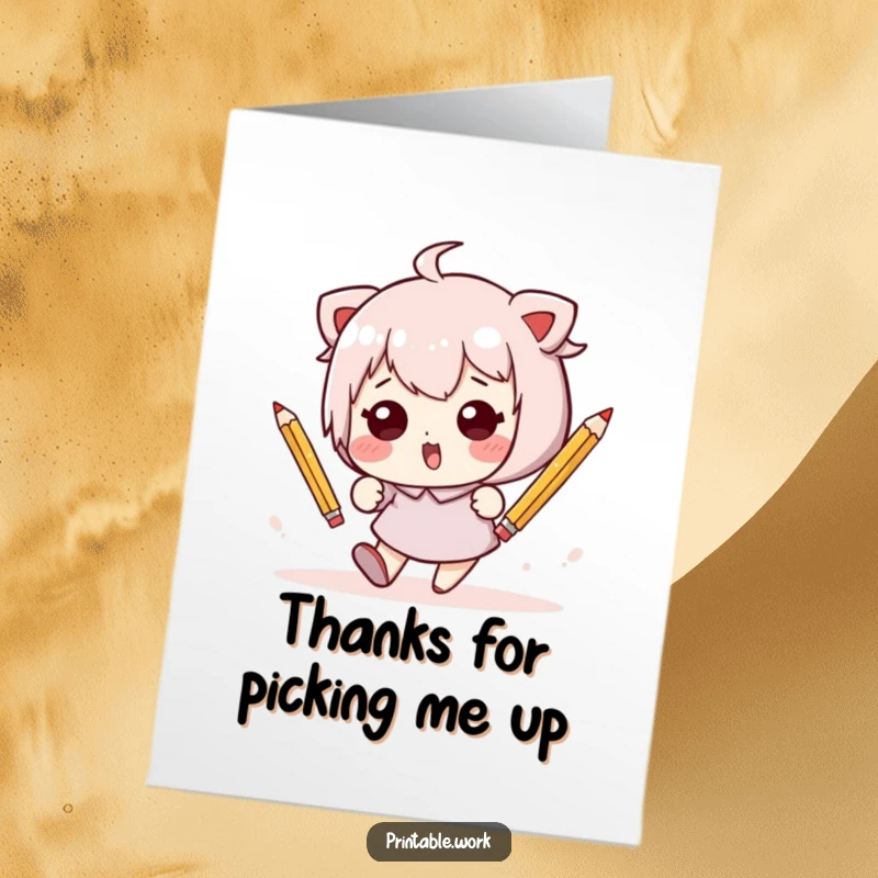 Funny Free Printable Thank You Card: Kawaii character in a funny tumble surrounded by pencils, expressing thanks with clumsy charm.