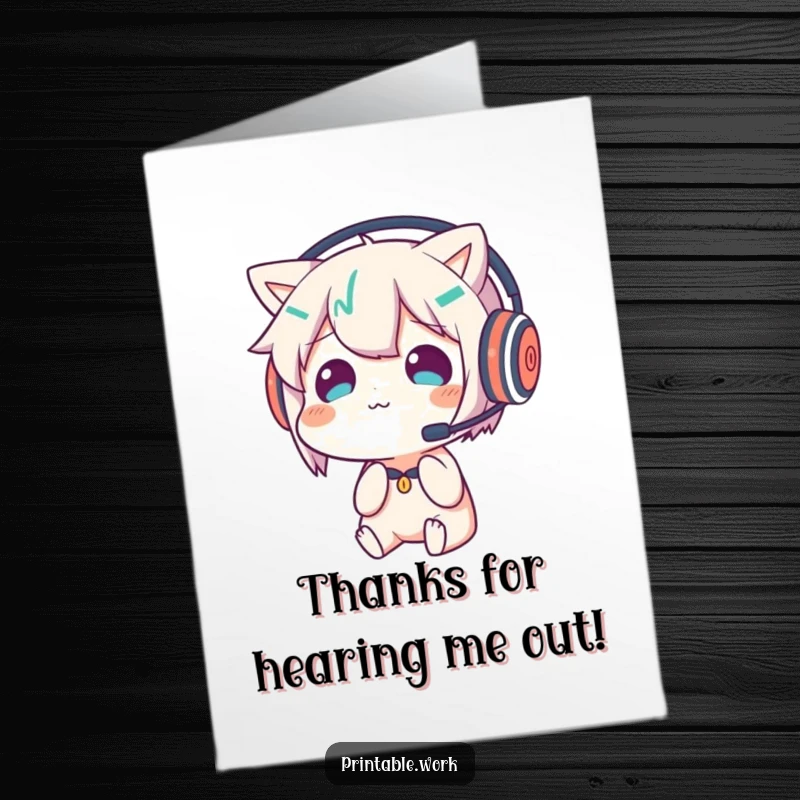 Funny Free Printable Thank You Card: Character wearing a headset, perplexed by their own reflection in a mirror, a witty downloadable gift.
