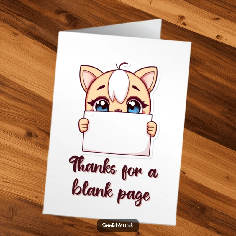 Funny Free Printable Thank You Card: Curious character excitedly observes a blank page, contemplating thanks.