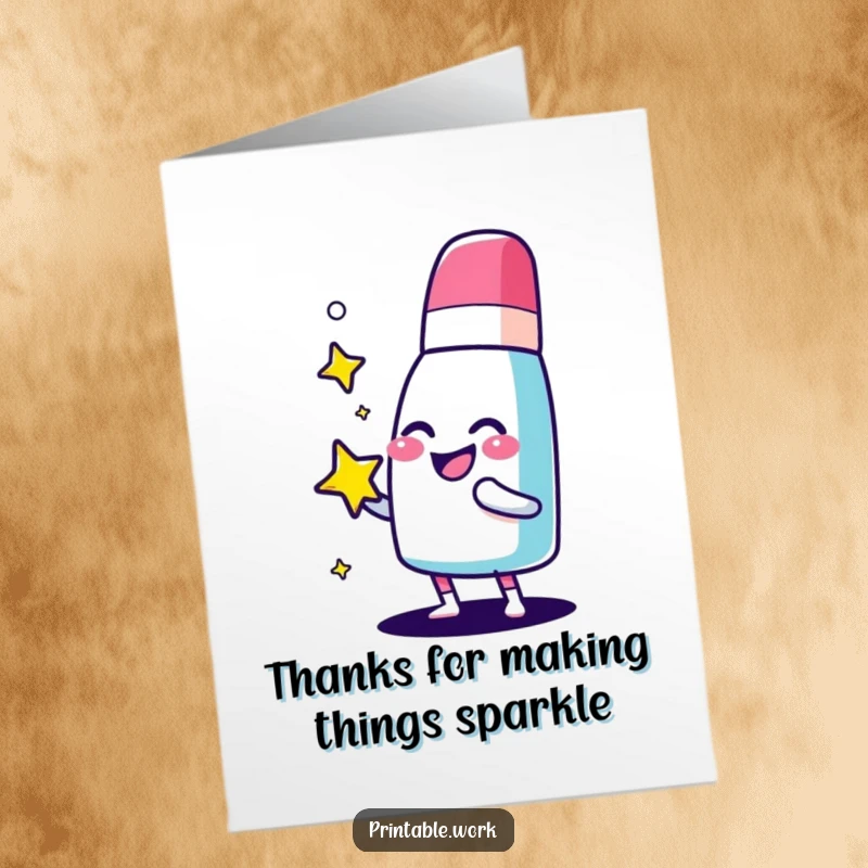 Funny Free Printable Thank You card with a giggling eraser character polishing a sparkling star, a bright way to express gratitude.