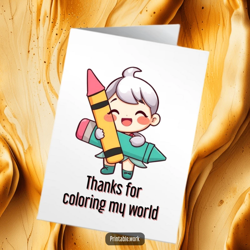 Funny Free Printable Thank You Card: Joyful character presents a large, bright crayon as a token of thanks.