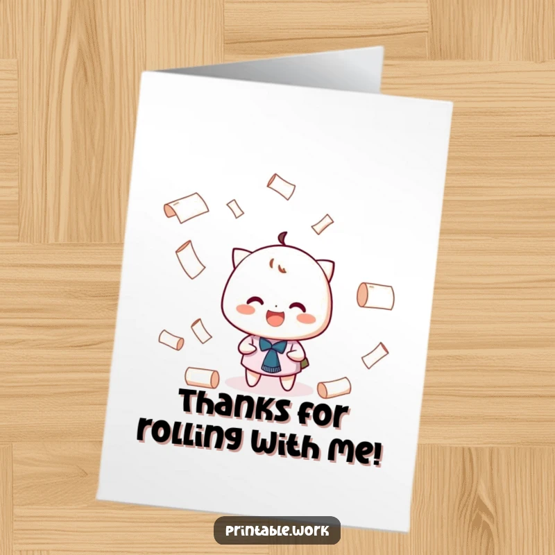 Funny Free Printable Thank You Card: Character playfully juggling small paper rolls, offering a cheerful and grateful grin.