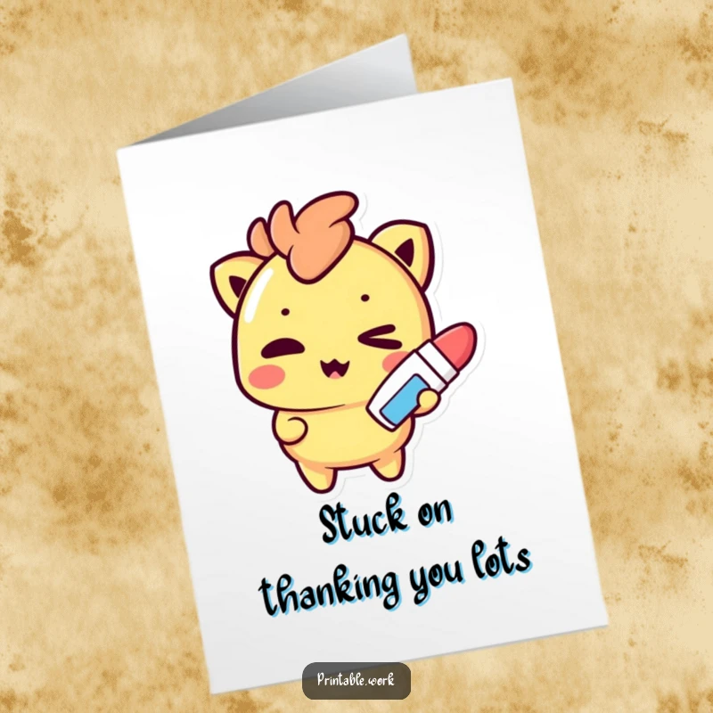Funny Free Printable Thank You Card: A playful Kawaii character winks while holding a glue stick, sharing thanks with a touch of cheeky charm.